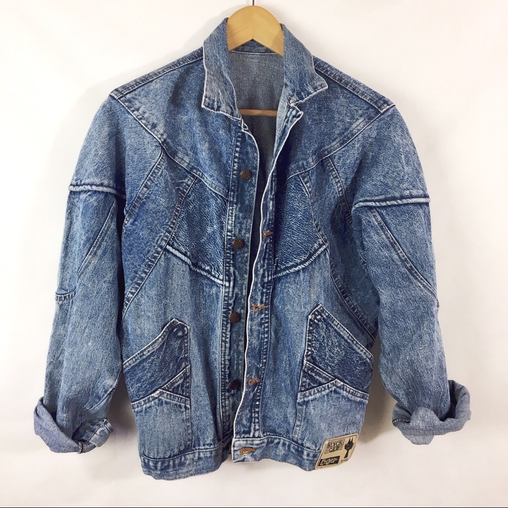 80s acid wash cross stitch denim button jacket